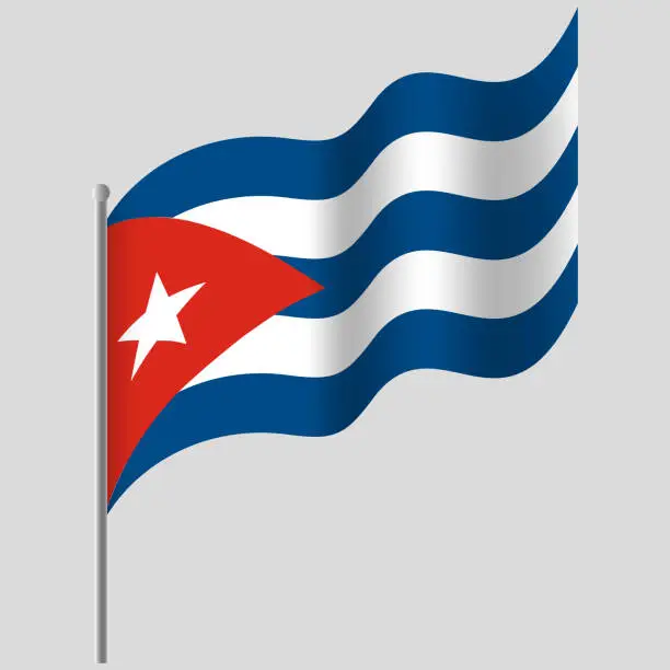 Vector illustration of Waved Cuba flag. Cuban flag on flagpole. Vector emblem of Cuba
