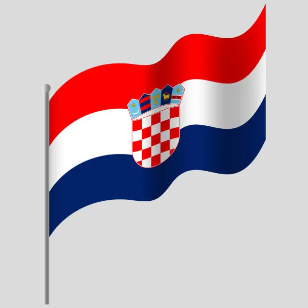 Vector illustration of Waved Croatia flag. Croatia flag on flagpole. Vector emblem of Croatia