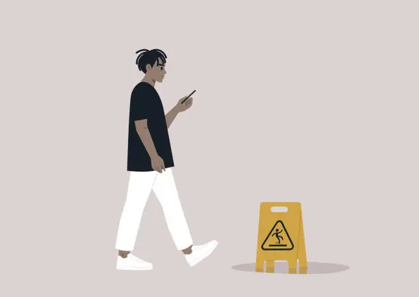 Vector illustration of Young African character distracted by their smartphone ignoring a yellow wet floor caution sign on their way