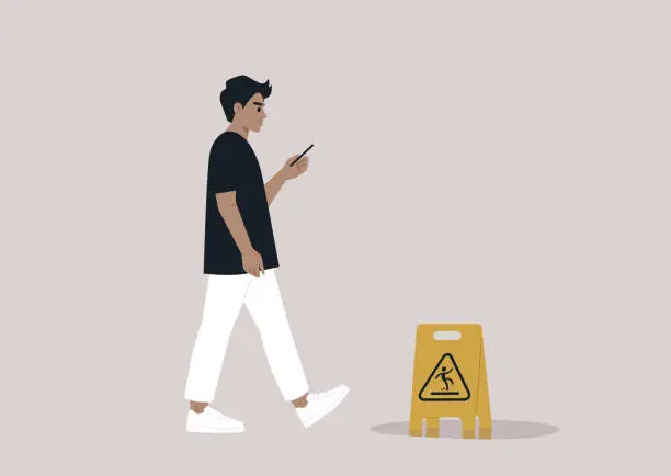 Vector illustration of Young Caucasian character distracted by their smartphone ignoring a yellow wet floor caution sign on their way