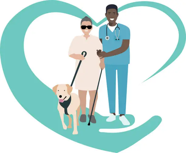 Vector illustration of Medical Professional Nurse Assists And Helps Active Disabled Blind Patient To Walk