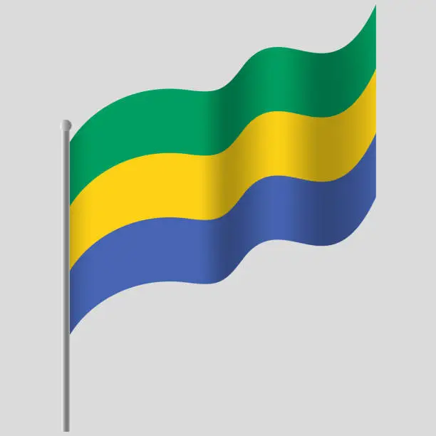 Vector illustration of Waved Gabon flag. Gabon flag on flagpole. Vector emblem of Gabon