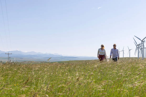 istock Couple relax in meadow below wind turbines 1511700092