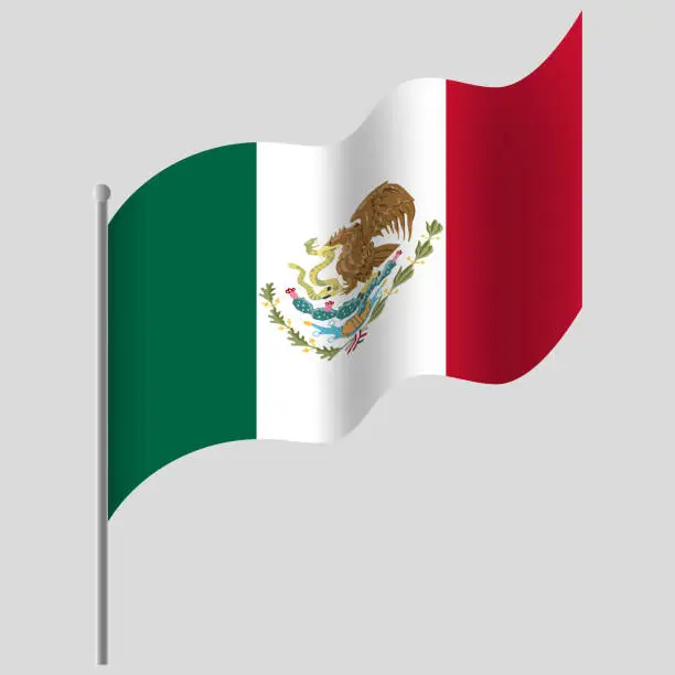 Vector illustration of Waved Mexico flag. Mexican flag on flagpole. Vector emblem of Mexico