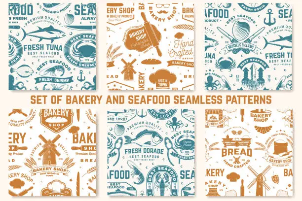 Vector illustration of Bakery and seafood seamless pattern or background. Vector illustration. Seamless bakery pattern with with rolling pin, windmill, wheat ears, tuna, trout, shrimp, octopus, crab, mussels and clams silhouette