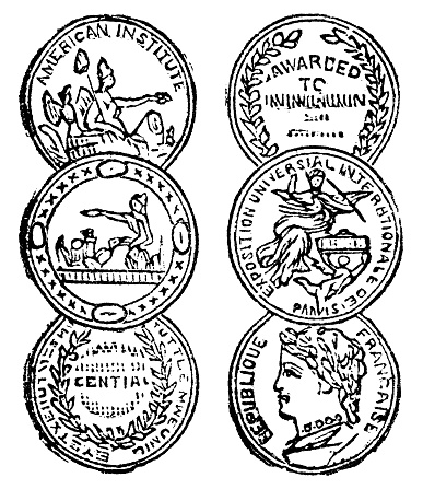 Three medals awarded by; American Institute of the City of New York, Centennial International Exhibition of 1876 and the third Paris World’s Fair called Exposition Universelle of 1878. Vintage etching circa 19th century.