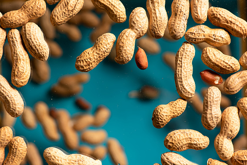 Top view of Dry organic Peanuts (Arachis hypogaea), in a wooden scoop along with its essential oil.