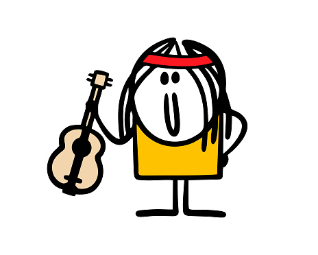 Hipster with long hair and a headband is holding a guitar. Vector illustration of a musician is a poet and speaks in support of peace. Cartoon stick man character isolated on white background.