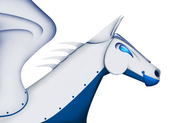 Pegasus, metal winged divine stallion in Greek mythology. Diesel punk style of illustration isolated on white background