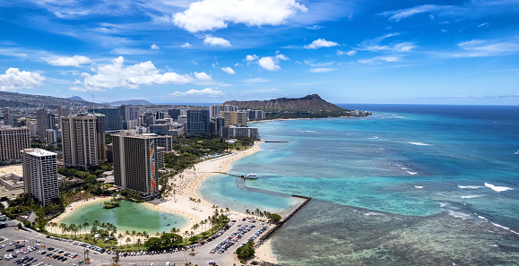 Panoramic view of the densest parts of Honolulu, including Kakaako, Ala Moana beach and condominiums, and Waikiki's hotels and beaches