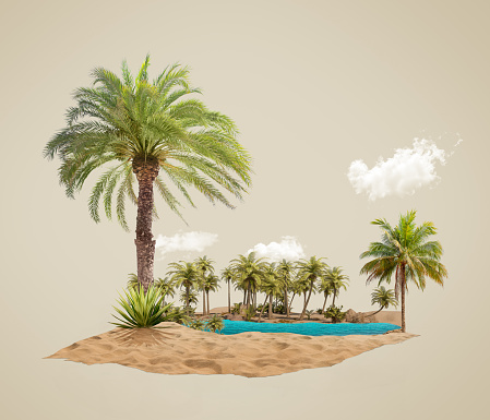 3d illustration of pile of sand advertisement. mock up design with clouds.