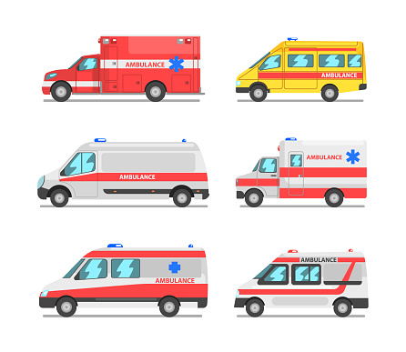 Ambulance as Medically Equipped Vehicle for Transporting Patient to Hospital Vector Set. Emergency Service Car for Providing Care Concept