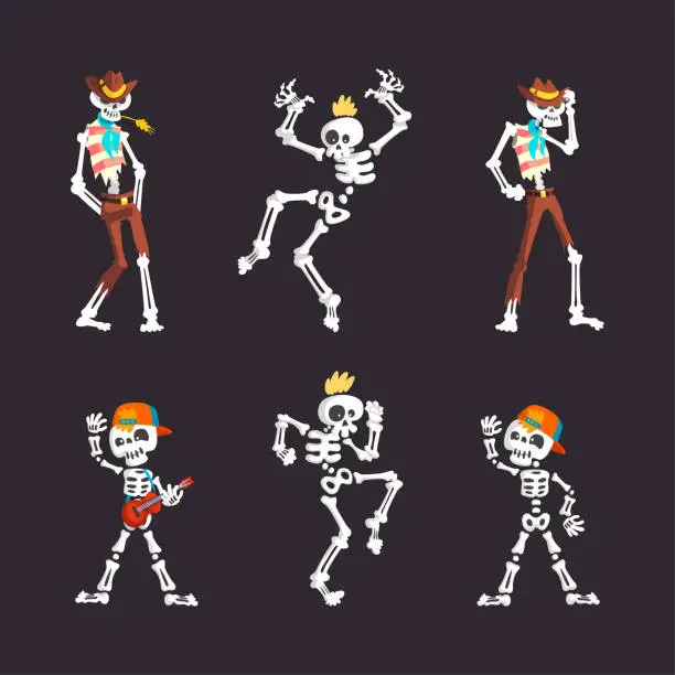 Vector illustration of Bony Skeleton Character in Different Pose and Action Vector Set