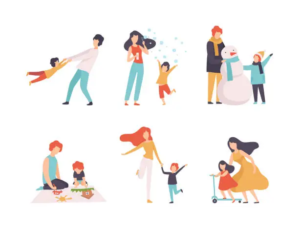 Vector illustration of Parent and Their Children Spending Good Time Together Vector Set