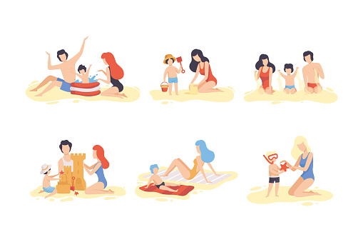 Family at Beach Scene with Father, Mother and Kid Having Fun Together Vector Set. Young Parents with Child Enjoying Summertime Vacation and Resort Concept