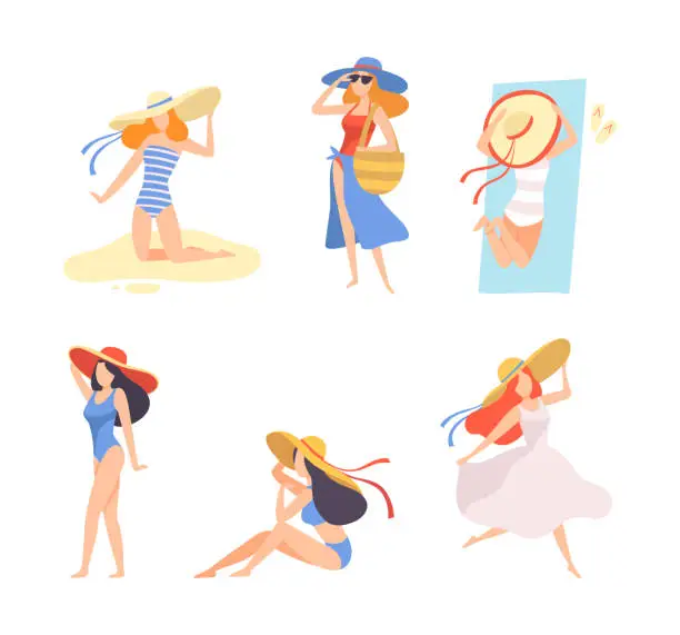 Vector illustration of Young Woman in Swimsuit and Wide Brimmed Hat at Sea Shore Sunbathing Vector Set