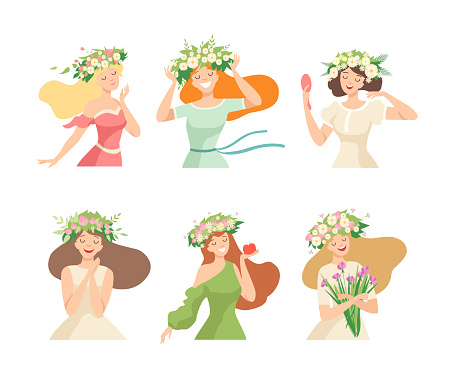 Young Female with Splendid Hair Having Floral Wreath on Her Head Vector Set. Beautiful Smiling Woman with Flower Adornment of Green Foliage and Blooming Flora Concept