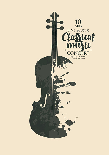 Poster of a classical music concert. Vector banner, flyer, invitation, ticket or advertising banner with abstract violin in the form of bright spots of paint