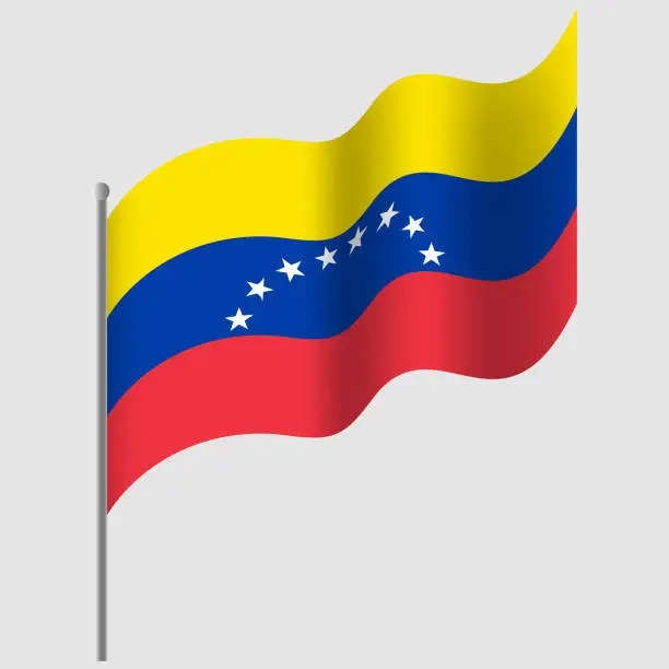 Vector illustration of Waved Venezuela flag. Venezuela flag on flagpole. Vector emblem of Venezuela