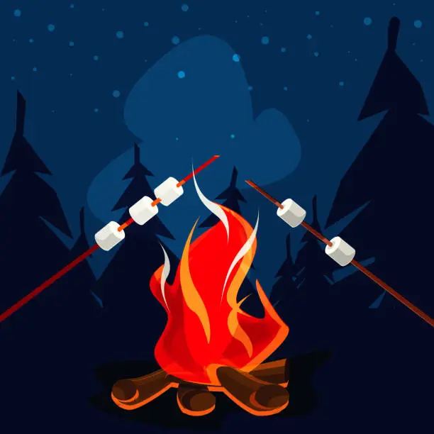 Vector illustration of Camping and hiking concept in flat style. Bonfire with roasted marshmallows against the backdrop of a night forest landscape.