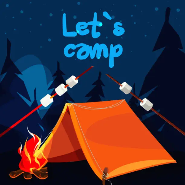 Vector illustration of Camping and hiking concept in flat style. A campfire with a tourist tent and roasted marshmallows against the backdrop of a forest night landscape.