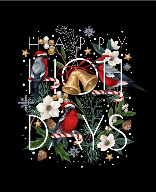 Greeting card with bullfinches, bells and white flowers. Vector. Greeting card with bullfinches, bells and white flowers. Vector bell sleeve stock illustrations