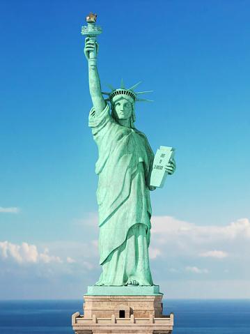 Statue of Liberty on a sky background. NY New York and USA symbol. 3d illustration