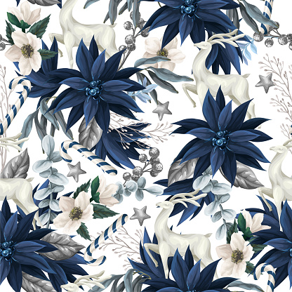 Seamless Christmas pattern with deers and blue poinsettia. Vector