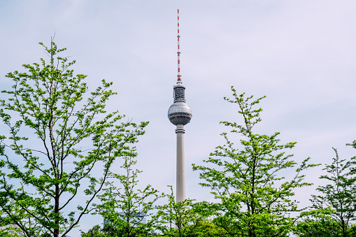 Berlin's TV Tower piercing the blue sky, an iconic symbol soaring above the city's skyline.