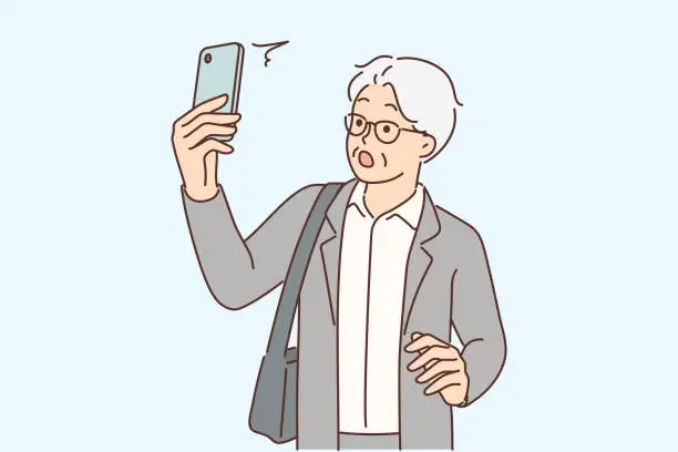 Vector illustration of Elderly man with phone is shocked by news saw in application or sms message from business partner