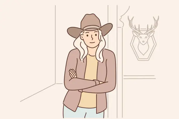 Vector illustration of Woman ranger and ranch owner stands with arms crossed near wall with stuffed deer