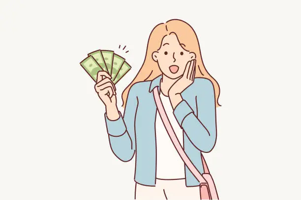 Vector illustration of Woman with cash screams wow rejoicing at big purchase bonus or cashback after shopping