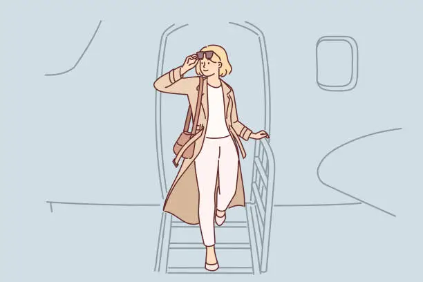 Vector illustration of Woman gets off airplane, having arrived on business trip on private flight to conclude contract