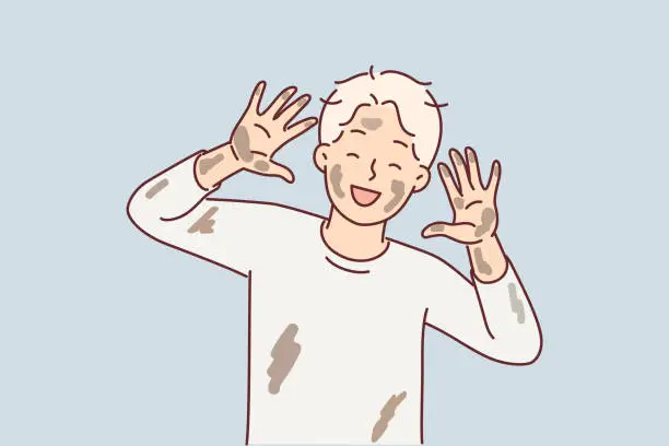 Vector illustration of Cheerful dirty boy pre-adolescent age laughs and shows palms and face stained with clay from puddle