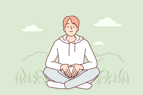 człowiek medytuje, siedząc na trawie i praktykuje jogę, aby przywrócić siłę i uporządkować myśli - yoga lotus zen like buddhism stock illustrations