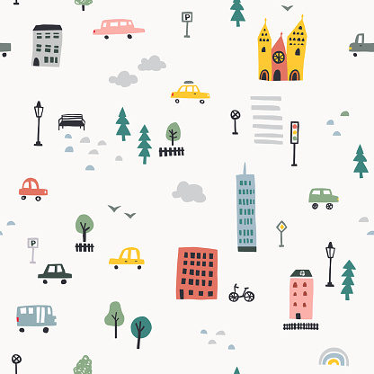 Hand drawn city seamless pattern. Vector illustration