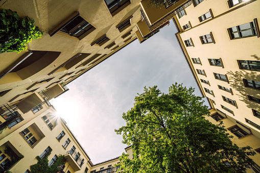 Stunning courtyard facade in central Berlin, a hidden gem of architectural beauty.