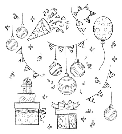 Christmas and holiday birthday. Festive collection doodles. Christmas balls, decor, balloons, gifts and garlands. Isolated vector linear hand drawings for design and decoration of holiday themes