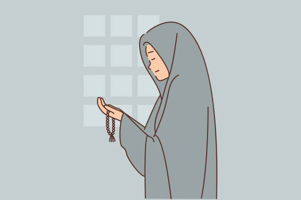 ilustraciones, imágenes clip art, dibujos animados e iconos de stock de mujer musulmana vestida de chador reza en la mezquita o realiza namaz pidiendo ayuda a alá - medinah temple