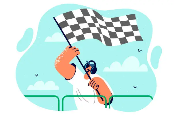 Vector illustration of Starting flag in hands of man announcing start of race and giving signal to drivers high-speed cars