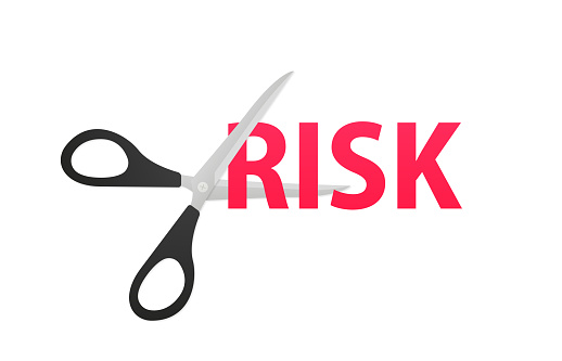 Scissors cut the text risk. Risk Debt Finance Money Cut Sword Effect Design. Concept of debt management or corporate accomplishment. Vector illustration