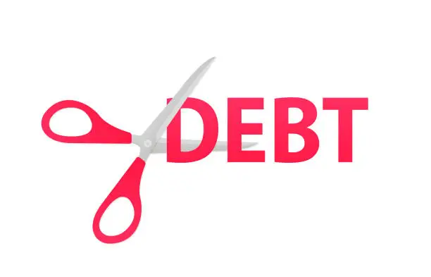 Vector illustration of Scissors cut the text debt. Debt forgiveness, elimination, cancellation and relief - financial loan. Concept of debt management or corporate accomplishment. Vector illustration