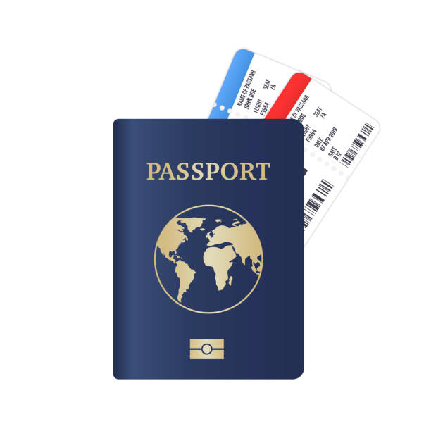 티켓이 있는 벡터 여권. 항공 여행 개념입니다. 고립된 여행자를 위한 플랫 디자인 시민권 id. 블루 국제 문서. 여행과 관광 아이콘 개념입니다. 벡터 그림 - 4810 stock illustrations