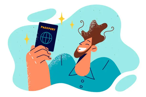 Vector illustration of Man demonstrates passport of resident of state, rejoicing in successful immigration
