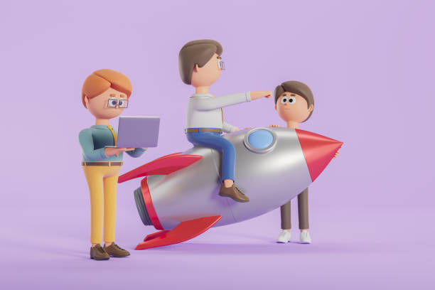 istock 3d rendering. Cartoon businessman with laptop, partner on a rocket, start up 1511987249