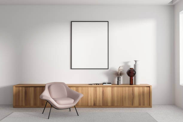 istock Light relax room interior with seat and sideboard with decor, mockup frame 1511989454