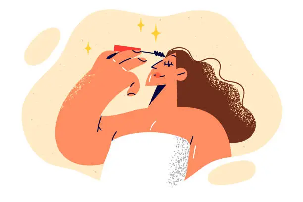 Vector illustration of Woman in towel does makeup, applying shadow on eyelashes during morning routine.