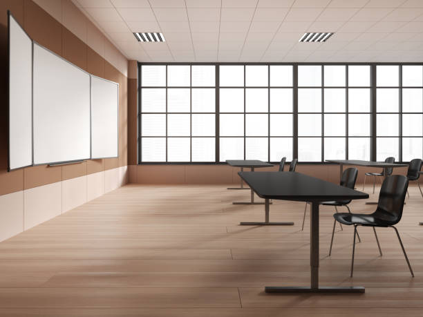 istock Modern wooden classroom interior with table in row and chalkboard mockup 1511990034