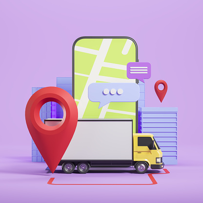 Mock up empty taxi delivery van with large phone screen, city map and location. Speech bubble with chat, purple background. Concept of logistics and online order, 3D rendering illustration