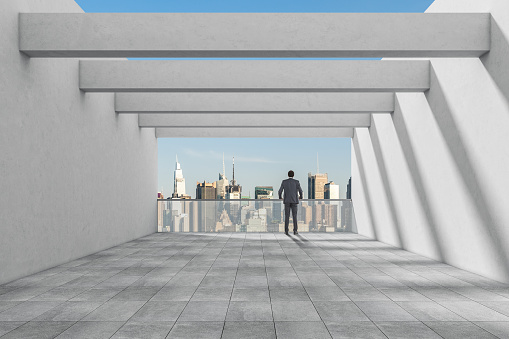 Rear view of young African businessman looking at city skyline from office balcony. Concept of planning, business success and strategy development